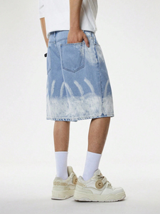 <b>mens</b> light blue acid wash denim shorts bleached graphic urban style baggy jort silhouette loose fit classic five pocket design - Product Image 2
