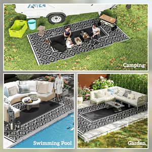 Tapis d'extérieur réversible 9FT X 18FT en paille plastique imperméable avec sac de transport, bordure gourde noir et blanc - Product Image 5
