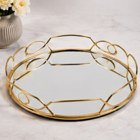 Round Metal Storage <b>Tray</b> With <b>Mirror</b> Insert Modern Design Durable Indoor Tabletop Accessory Living Room Decor - Product Image 5