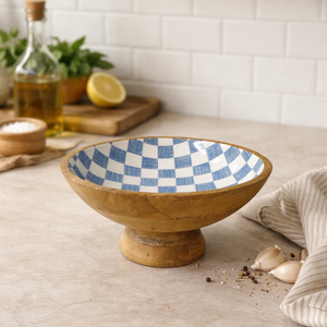 Tazón de pedestal esmaltado de madera de mango con estampado personalizado azul y blanco, juegos de vajilla ecológicos para el hogar y la cocina. - Product Image 4