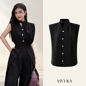 Blusa Elegante sin Mangas para Mujer, Cuello Alto, Botones, Color Negro, Estilo Cruzado con Lazo Delantero, Color Sólido, para Oficina, MIRANDA - Product Image 1