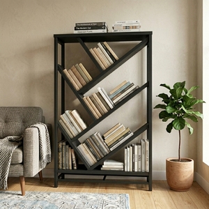 Étagère ouverte contemporaine en bois massif géométrique, noir mat, avec étagères inclinées, présentoir, bibliothèque en forme d'arbre, meuble de salon - Product Image 3