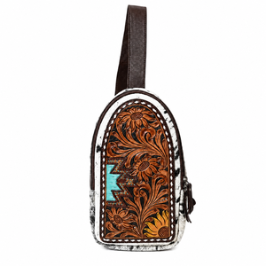 Hand Tooled Genuine Leather Sling Bag Floral Carved Western Crossbody <b>Purse</b> Cowhide Accent Adjustable Strap Handmade Craft Style - Product Image 1