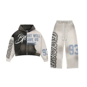 Women's Streetwear 2-Piece Set Hooded <b>Zip</b>-<b>Up</b> Jacket & Pants Full Length Loose Fit Printed Letter Design All Seasons Sportswear - Product Image 1