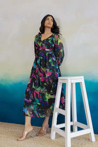 Vestido Midi de Gasa con Estampado Floral, Cuello en V, Manga con Volantes, Corte en A, Holgado, Estilo Boho, Casual de Verano para Mujer, Prenda Elegante - Product Image 5