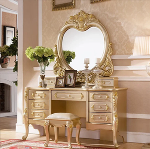 Traditional teak wood curved vanity <b>table</b> with matching three-panel <b>mirror</b>, available at wholesale prices. - Product Image 4