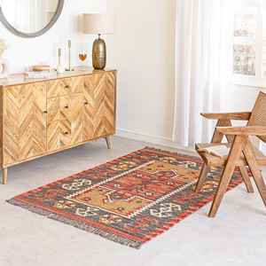 Tapis Kilim en jute et laine tissés à la main et élégants pour salon, chambre et bureau - Product Image 1