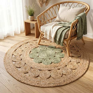 Grey Braided <b>Round</b> Jute Rug with Decorative Floral Arrangement for Contemporary Living Spaces - Product Image 5