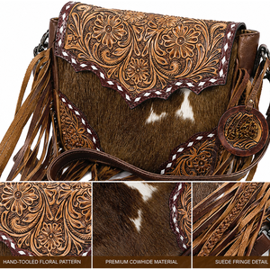 Western Cowhide Fringe Crossbody Bag Genuine Hair On <b>Leather</b> <b>Tooled</b> Floral Western Shoulder Purse Boho Cowgirl Handbag for Women - Product Image 4