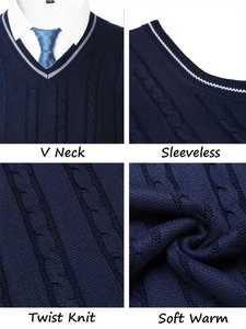 Gilet pull sans manches col en V bleu marine pour homme, tricot torsadé, coupe ajustée, avec bordure à rayures contrastantes, décontracté et professionnel - Product Image 4