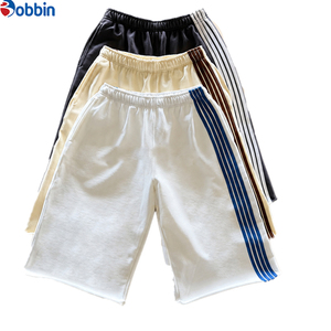 Custom Low MOQ Customized Side Stripe Raw Edge 3/4 <b>Shorts</b> Mens Streetwear Heavyweight Baggy Cotton <b>Below</b> <b>Knee</b> Sweat <b>Shorts</b> - Product Image 4