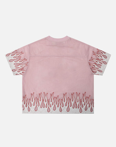 XXL Size Pink Oversized Crop T-<b>Shirt</b> Short Sleeve V-Neck With <b>Flame</b> Pattern And Number 77 Print Street Style Men's Jersey Top - Product Image 2