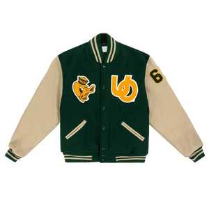 เสื้อแจ็คเก็ตหนังสไตล์ Letterman สีเขียวเรโทร ยี่ห้อ Furat Leathers สำหรับผู้ชายและผู้หญิง สไตล์วิทยาลัย สตรีทแวร์ สีแดงขาว ระบายอากาศได้ดี กันลม - Product Image 1