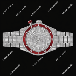 Reloj con Bisel Rojo y Diamantes Incrustados |   Reloj de Lujo con Moissanita |   Reloj Personalizado Completamente Pavimentado - Product Image 2