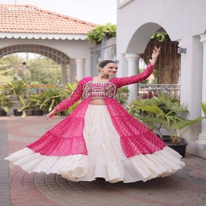 Festival wear Kora Cotton with Solid & Frill Pattern Full-Flared <b>White</b> <b>Lehenga</b>-Printed & Kutchhi Style work Kurti Woman Fashion - Product Image 1