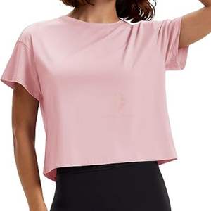 Camiseta Deportiva Corta de Yoga para Mujer, Color Rosa Pálido, Corte Holgado, Alta Elasticidad, Cuello Redondo, Ideal para Running - Product Image 1