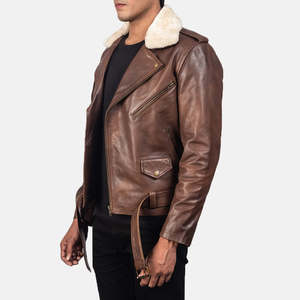 Veste en cuir véritable pour homme, style moto, marron, avec col en fourrure, fermeture éclair, ceinture, pour l'hiver - Product Image 3