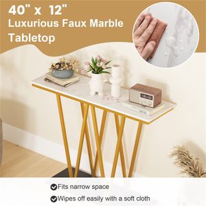 Consolle in Legno Massello da 40 Pollici con Piano in Finto Marmo e Struttura in Metallo a Forma di W per Ingresso, Corridoio o Soggiorno in Stile Rustico - Product Image 6