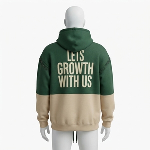 Sweat à capuche homme vert et beige colorblock avec détail de manches à clous décoratifs, poche kangourou, pull streetwear personnalisé OEM ODM - Product Image 2