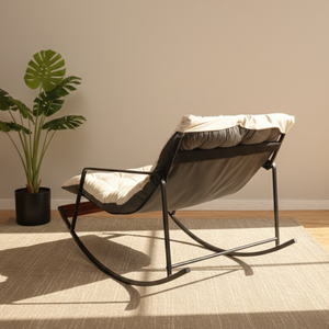 Fauteuil à bascule moderne en métal avec coussin et masseur de pieds – Chaise de relaxation intérieure, fauteuil à bascule avec rouleaux en bois pour les pieds - Product Image 5