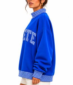 Sweat-shirt col montant personnalisé pour femme, motif gingham et patchwork, coupe oversize, style universitaire, streetwear décontracté - Product Image 4