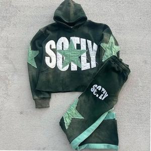 ผู้ชายวินเทจ Distressed Patch ปัก Sweatsuits Streetwear เบ่งเบาและชุดมีฮู้ด Sun Fade กรดล้างวอร์ม - Product Image 4