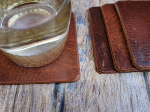 Genuine Leather Coasters Set of 4 Square Shape Cowhide Drink Mat Heavy Duty <b>Table</b> <b>Protector</b> for Home Office GLC-0034 - Product Image 2