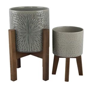 Modern Metal Flower <b>Pot</b> With Circular Pattern And Wooden Stand For Indoor Use - Product Image 1