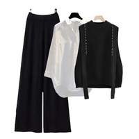 Automne hiver tricoté 3 pièces ensemble bureau dames élégant tricoté gilet + chemises blanches + pantalons à jambes larges ensembles pour femmes vêtements