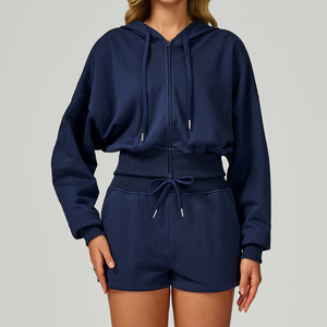Sweat-shirt à capuche zippé noir pour femme, manches longues, épaules tombantes, couleur unie, décontracté, pour l'automne, en mélange de coton tricoté - Product Image 4