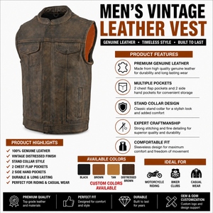 Chaleco de Motocicleta Personalizado Unisex Vintage de Cuero Genuino Desgastado, Chaleco de Motociclista con Cuello Alto, Impermeable, Transpirable e Inteligente - Product Image 6