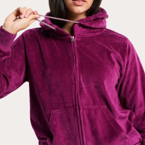 Sweat-shirt en velours à capuche et fermeture éclair pour femme, couleur unie violette, manches longues, longueur normale, respirant, pour l'automne - Product Image 2