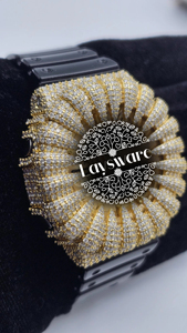 Laysware Luxury Antique Iced Out VVS Moissanite Diamond Sunburst Dial <b>Watch</b> <b>Black</b> Rubber Strap Statement Analog Timepiece - Product Image 6