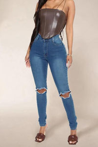 Jean en denim stretch taille haute skinny pour femme, 100 % coton, délavage clair vintage, idéal pour l'hiver – Meilleur prix - Product Image 4