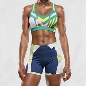Color Blocking 2 Piece Yoga Set High Waist Shorts Scoop Neck Racerback <b>Crop</b> <b>Top</b> Breathable Spandex Polyester - Product Image 1