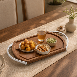 Plateau de service décoratif en bois d'acacia de luxe avec poignées métalliques, plateau d'appoint élégant pour table basse, console, ottoman, décoration - Product Image 2