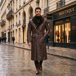 2026 Vintage Style Winter Men Fashionable Brown Fur Leather Long Coat Custom Shearling Design Outerwear Leather Long Coat - Product Image 1