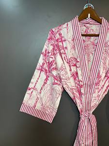 Kimono Romántico Clásico Estilo Boho para Festival, 100% Algodón, Cuello en V, Largo Completo, Estampado a Bloques, Secado Rápido, Elegante, Primavera Verano - Product Image 6