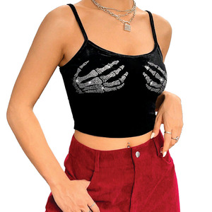 Trendy Custom Street style Women <b>Rhinestones</b> Skeleton-Hand Crop Custom Soft Cotton Spaghetti Strap Streetwear <b>Top</b> women's shirt - Product Image 5