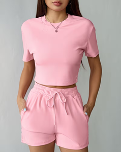 Women 2 Piece Shorts Set Solid Pink Crew Neck Short Sleeve Knitted Casual Spring Summer Above Knee Length Pockets Loose Stretch - Product Image 3