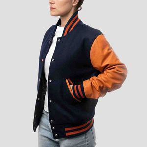 Premium Women's Wool & Leather Varsity Bomber Jacket Premium Wool Body Leather Sleeves Ribbed Cuffs & Snap <b>Button</b> - Product Image 3