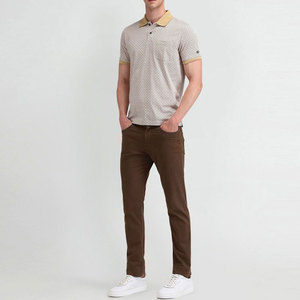 Polo pour homme à motif géométrique, manches courtes, en coton Oxford, décontracté, respirant, avec col et poignets beiges - Product Image 5