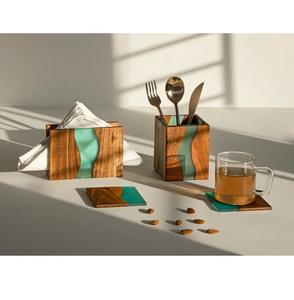 Portacubiertos de Madera y Resina Epoxi Hecho a Mano, Diseño Único con Patrón de Río para Mesa de Comedor - Product Image 1