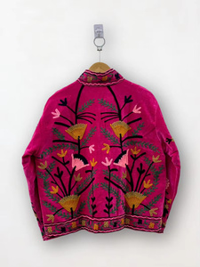 Blouson bomber en velours 100% brodé de motifs floraux colorés Suzani, réversible, style bohème vintage, court, automne hiver été, taille unique - Product Image 2