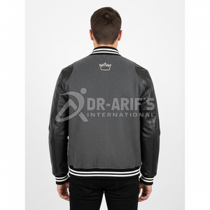 Veste universitaire pour homme, manches en cuir, corps gris, logo brodé, numéro 23, style streetwear, col montant, coupe classique, hiver - Product Image 3