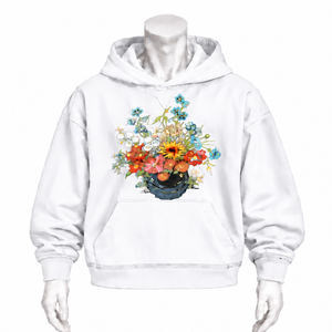 Sweat à capuche blanc à motif floral coloré, coupe oversize, avec poche kangourou, style streetwear décontracté, haut d'hiver - Product Image 1
