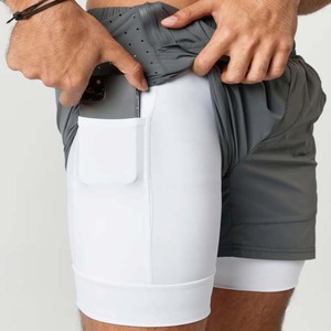 Shorts de sport gris uni pour homme, à séchage rapide, taille élastique, avec poches, taille mi-haute, en polyester tissé - Product Image 5