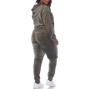 Women's Olive Green Hooded <b>Tracksuit</b> Set Full Length Solid Color Casual Joggers with Side Pockets Zipper Fly Autumn Wear - Product Image 2