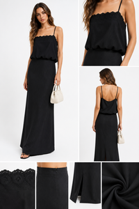 Robe de soirée formelle noire tissée bohème écologique en satin avec dentelle, coupe crayon midi, manches courtes, taille haute, OEM Boutique - Product Image 2