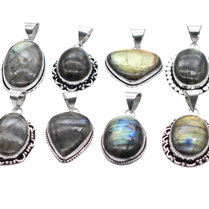 Colliers pendentifs ovales en labradorite naturelle, 500 pièces, plaqué argent 925, serti clos, bijoux vintage chrétiens unisexes - Product Image 4